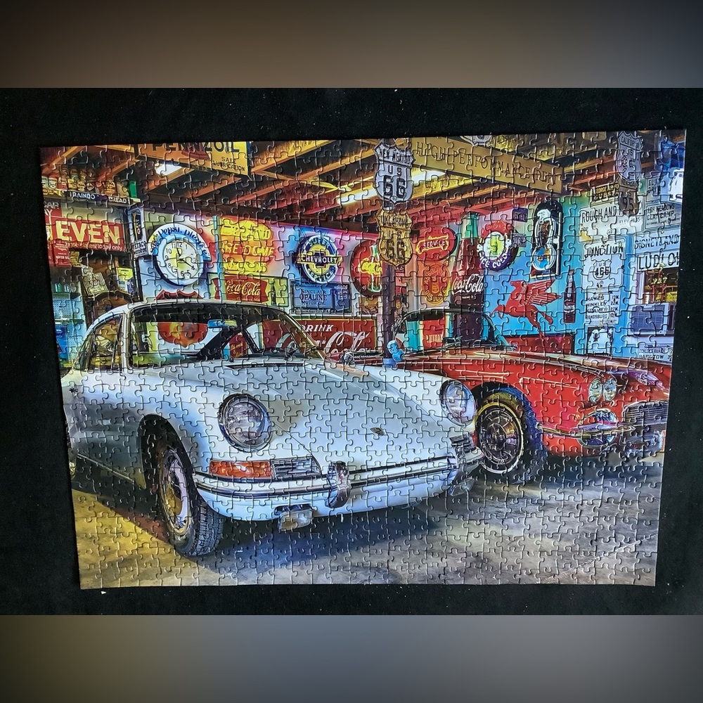 Classic Cars Jigsaw Puzzle - White & Red Retro Garage Scene